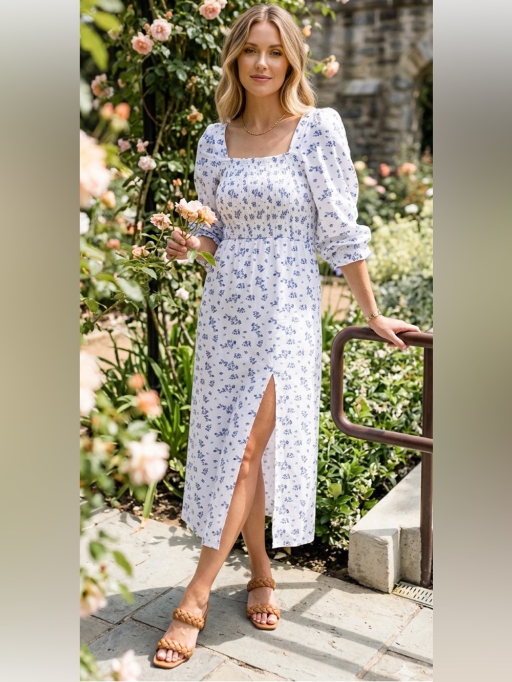 HOUSE OF HARLOW L Dress Linen 1960 White Blue Floral Smocked Midi Dress …